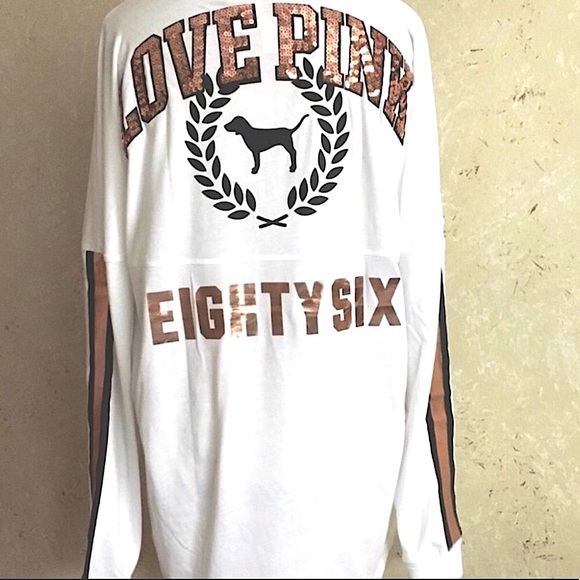 PINK Victoria's Secret Tops - PINK VS Sequins Varsity Long Sleeve V-Neck Tee Rare NWT